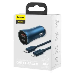 Baseus Încărcător auto Golden Contactor Pro Dual Quick Charger U+C, PD 3.0, QC 4+, SCP FCP AFC (cu Type-C - Lightning 1m Albastru) 40W, Albastru