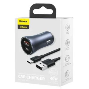 Baseus Încărcător Auto Golden Contactor Pro Dual Quick Charger U+C, PD 3.0, QC 4+, SCP FCP AFC (cu cablu USB - Type C 1m) Gri